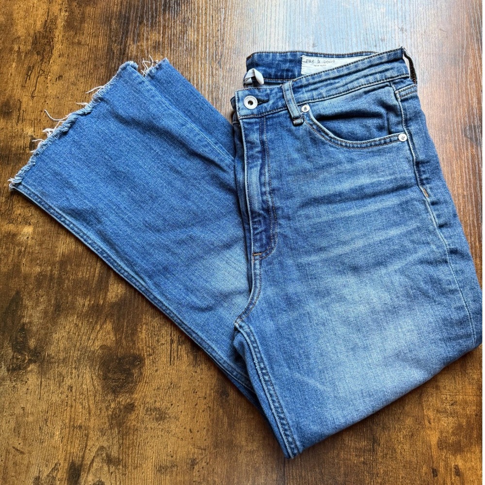 Rag & Bone Nina High-Rise Ankle Flare Jeans Coast Blue Raw Hem Size 30